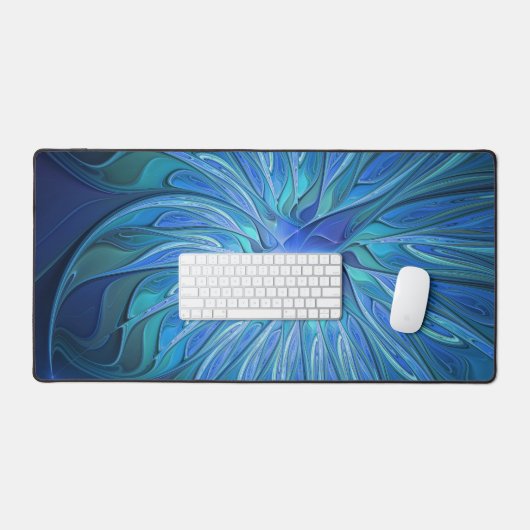 Blue Blume Fantasy Pattern, Abstraktes Fraktal Art Schreibtischunterlage (Tastatur & Maus)