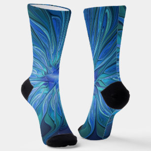 Blue Blume Fantasy Pattern, Abstraktes Fraktal Art Socken