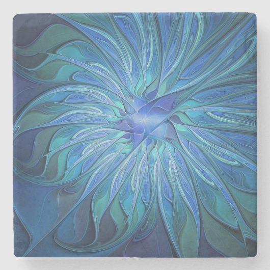 Blue Blume Fantasy Pattern, Abstraktes Fraktal Art Steinuntersetzer (Vorderseite)