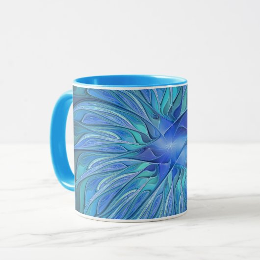 Blue Blume Fantasy Pattern, Abstraktes Fraktal Art Tasse (Vorderseite Links)