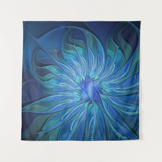 Blue Blume Fantasy Pattern, Abstraktes Fraktal Art Wandteppich (Vorderseite (Horizontal))