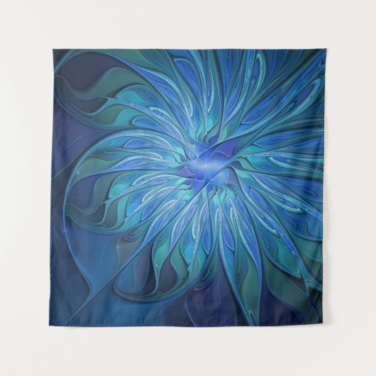 Blue Blume Fantasy Pattern, Abstraktes Fraktal Art Wandteppich (Vorderseite)