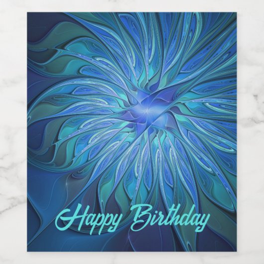 Blue Blume Fantasy Pattern, Abstraktes Fraktal Art Weinetikett (Einzelnes Label)