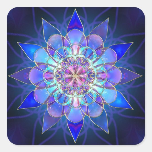 Blue Blume Mandala Fraktal Quadratischer Aufkleber (Vorderseite)