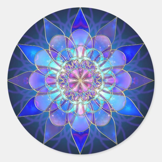 Blue Blume Mandala Fraktal Runder Aufkleber (Vorderseite)