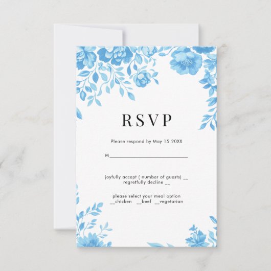 Blue Blume Retro Blumen Hochzeit RSVP (Vorderseite)