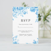 Blue Blume Retro Blumen Hochzeit RSVP (Stehend Vorderseite)
