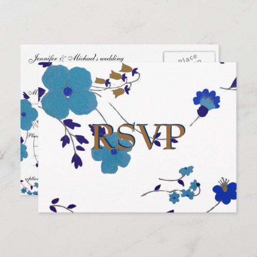 Blue Blumen Art Einladungspostkarte (Vorne/Hinten)