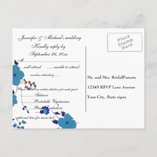 Blue Blumen Art Einladungspostkarte (Rückseite)