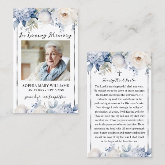 Blue Blumen Beerdigung Gedenkkarte Gebet Foto-Kart Visitenkarte (Vorne/Hinten)