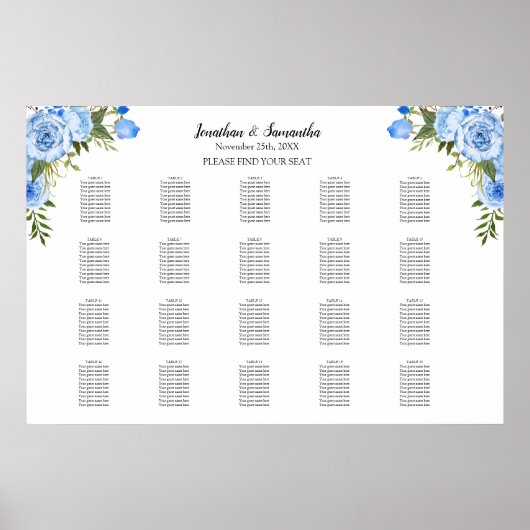 Blue Blumen Seating Chart 20 Tische Hochzeit Poster (Vorne)