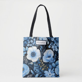 Blue Blumen Wasserfarbe mit Ihrem Namen | Tasche