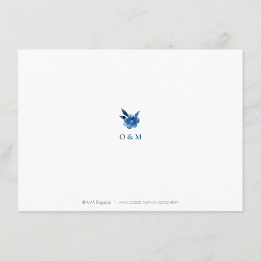 Blue Blumenstrauß Chinoiserie Hochzeitsempfang Begleitkarte (Rückseite)