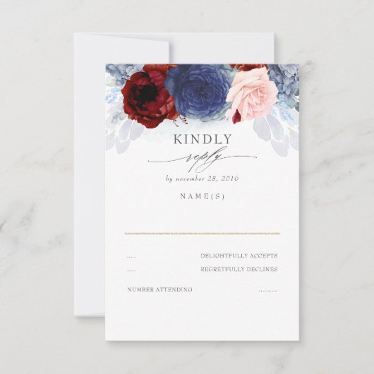 Blue Blush and Burgundy Red Wedding RSVP Karte (Vorderseite)