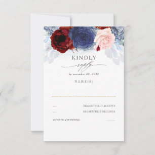Blue Blush and Burgundy Red Wedding RSVP Karte