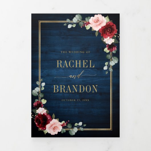 Blue Blush Burgundy Gold Geometric Wedding Tr Dreifach Gefaltete Ankündigung (Cover)