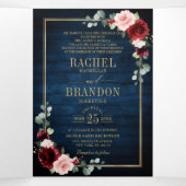 Blue Blush Burgundy Gold Geometric Wedding Tr Dreifach Gefaltete Ankündigung (Innenseite Mitte)