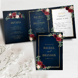 Blue Blush Burgundy Gold Geometric Wedding Tr Dreifach Gefaltete Ankündigung