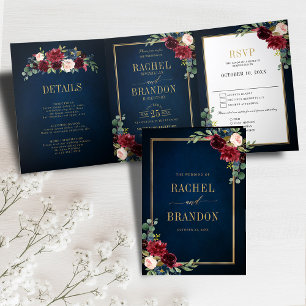 Blue Blush Burgundy Gold Geometric Wedding Tr Dreifach Gefaltete Ankündigung