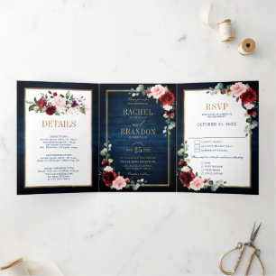 Blue Blush Burgundy Gold Geometric Wedding Tr Dreifach Gefaltete Ankündigung
