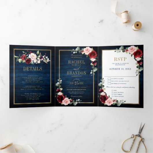 Blue Blush Burgundy Gold Geometric Wedding Tr Dreifach Gefaltete Ankündigung (Innenseite)