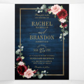 Blue Blush Burgundy Gold Geometric Wedding Tr Dreifach Gefaltete Ankündigung (Innenseite Mitte)