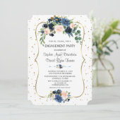 Blue Blush Floral Gold Glitzer Confetti Verlobung Einladung (Stehend Vorderseite)