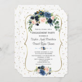Blue Blush Floral Gold Glitzer Confetti Verlobung Einladung (Vorne/Hinten)