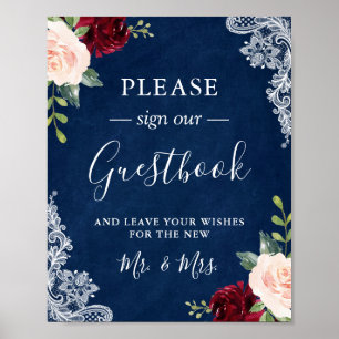 Blue Blush Floral Lace Hochzeit Gästebuchszeichen Poster