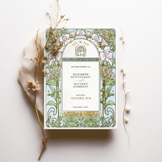 Blue & Blush Florals Jugendstil Save the Date Einladung