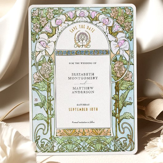 Blue & Blush Florals Jugendstil Save the Date Einladung