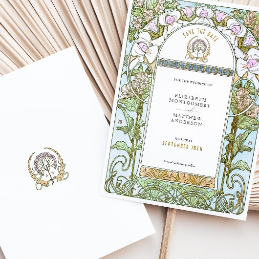 Blue & Blush Florals Jugendstil Save the Date Einladung