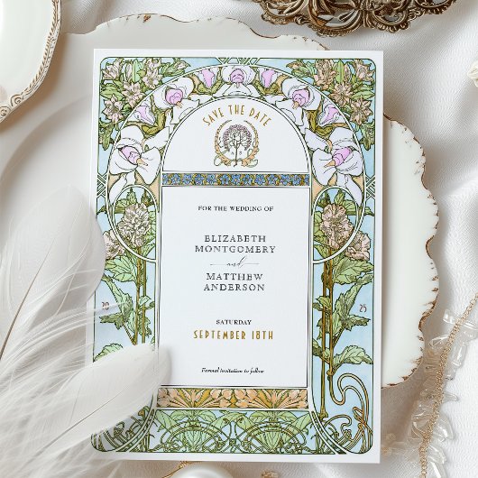 Blue & Blush Florals Jugendstil Save the Date Einladung