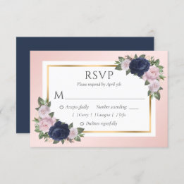 Blue Blush Gold Floral Wedding RSVP Cards