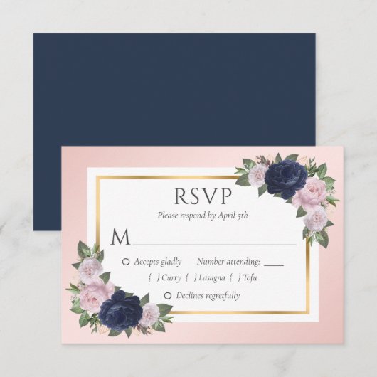 Blue Blush Gold Floral Wedding RSVP Cards Karte (Vorne/Hinten)