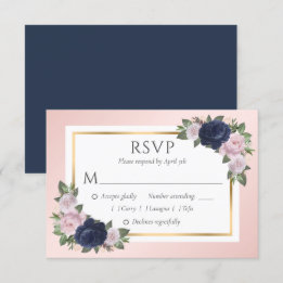 Blue Blush Gold Floral Wedding RSVP Cards Karte