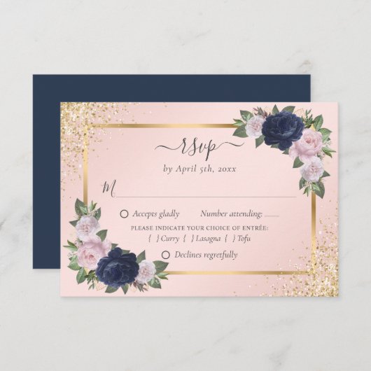 Blue Blush Gold Hochzeit RSVP Meal Choice (Vorne/Hinten)