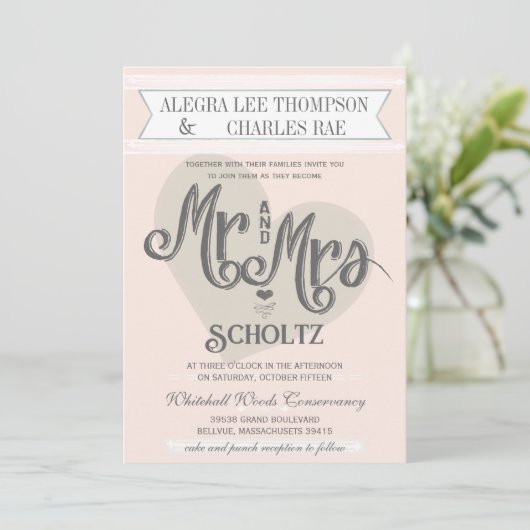 Blue Blush Peach Mr. und Mrs. Typografy Wedding Einladung (Stehend Vorderseite)