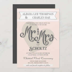 Blue Blush Peach Mr. und Mrs. Typografy Wedding Einladung