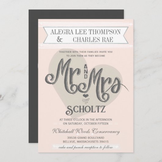 Blue Blush Peach Mr. und Mrs. Typografy Wedding Einladung (Vorne/Hinten)