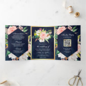 Blue Blush Pink Floral Gold QR Code Hochzeit Dreifach Gefaltete Einladung (Innenseite)