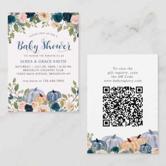 Blue Blush Pink Floral Pumpkin Baby Dusche Mitteilungskarte (Vorne/Hinten)