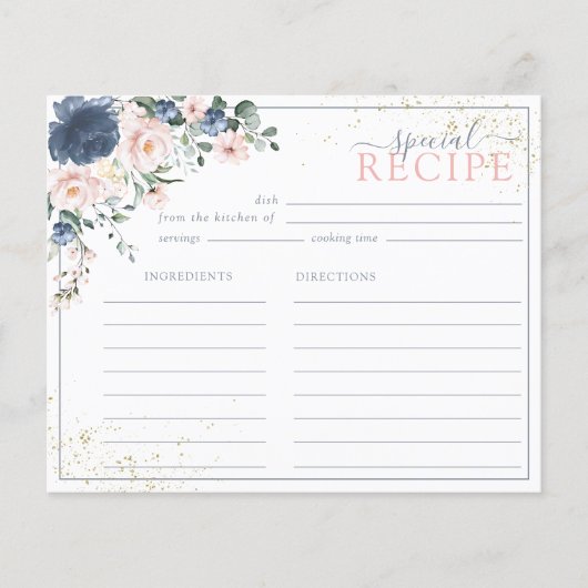 Blue Blush Pink Gold Floral Rezept Card (Vorderseite)