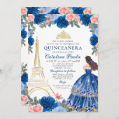 Blue Blush Pink Gold Tiara Paris Quinceñera Einladung (Vorne/Hinten)