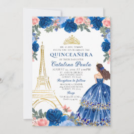 Blue Blush Pink Gold Tiara Paris Quinceñera Einladung