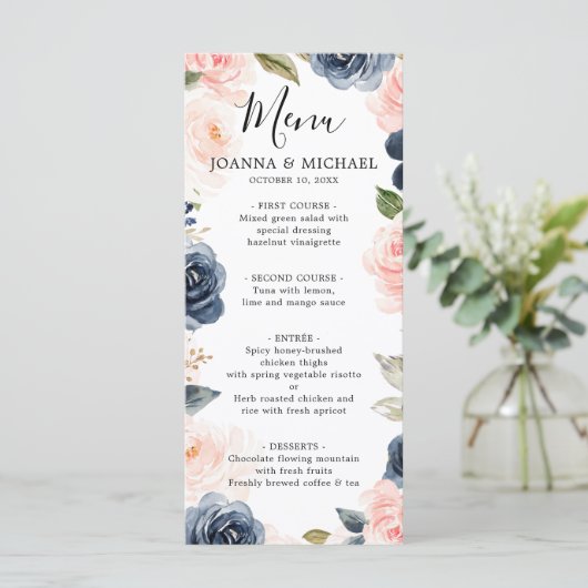 Blue Blush Rosa Boho Wedding Menu Menükarte (Stehend Vorderseite)