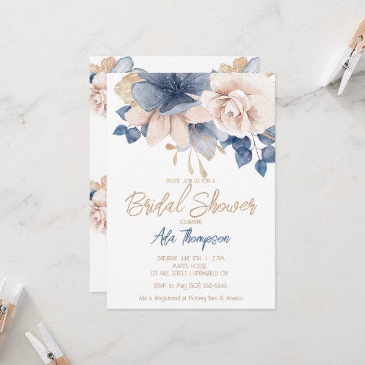 Blue, Blush & Rose Gold Bridal Dusche Einladung (Vorderseite/Rückseite Beispiel)