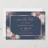 Blue Blush Rose Gold Glitzer Blumenhochzeit Save The Date (Vorderseite)