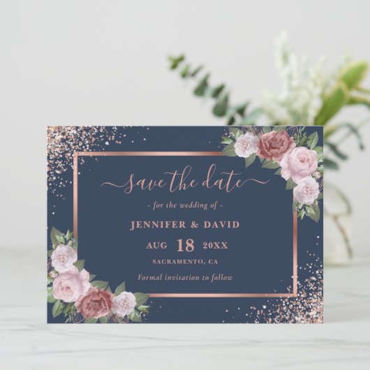 Blue Blush Rose Gold Glitzer Blumenhochzeit Save The Date (Stehend Vorderseite)