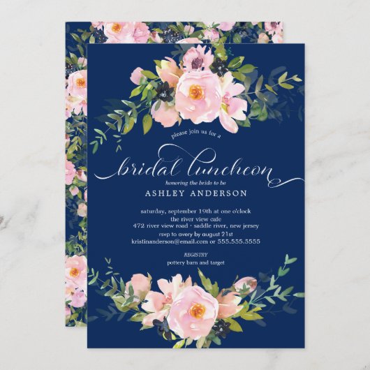Blue Blush Rose & Peonies Bridal Luncheon Einladung (Vorne/Hinten)